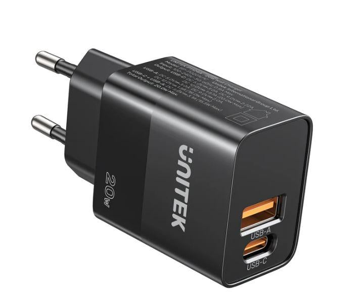 P1124ABK01-EU UNITEK 20W Wall Charger, EU, USB-A QC + USB-C PD, Black