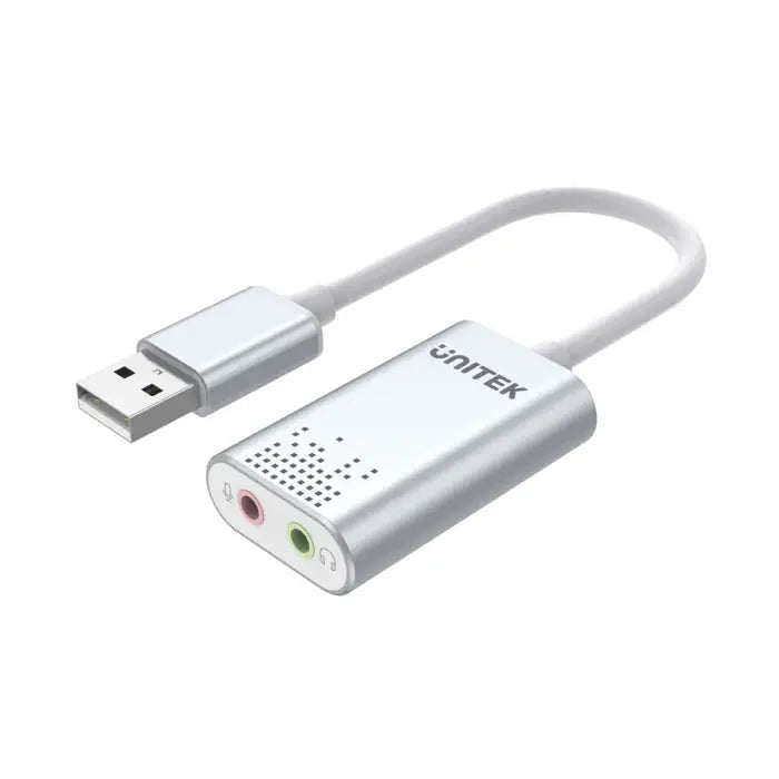 Y-247A, UNITEK, USB Adapter, USB 2.0 External Sound Card Adapter for Stereo Audio, 48KHz 16-bit Silver Color.