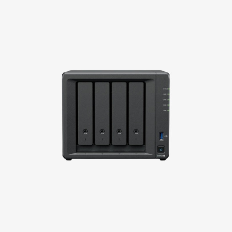 NAS სერვერი Synology DS423+ – ოთხბაიიანი ქსელური საცავი ძლიერი პროცესორით და მაღალი წარმადობით, განკუთვნილი მონაცემთა უსაფრთხო შენახვისთვის.