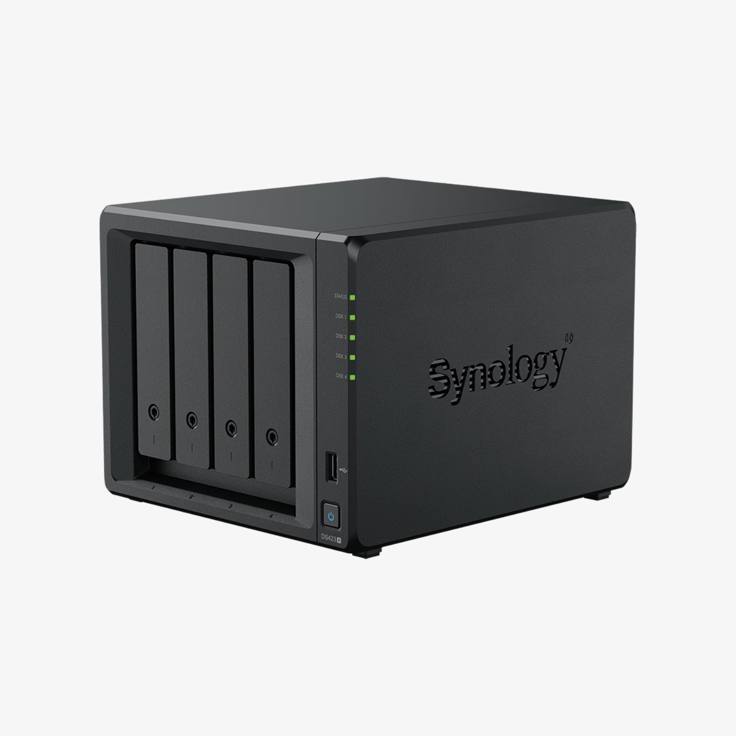 NAS სერვერი Synology DS423+ – ოთხბაიიანი ქსელური საცავი ძლიერი პროცესორით და მაღალი წარმადობით, განკუთვნილი მონაცემთა უსაფრთხო შენახვისთვის.